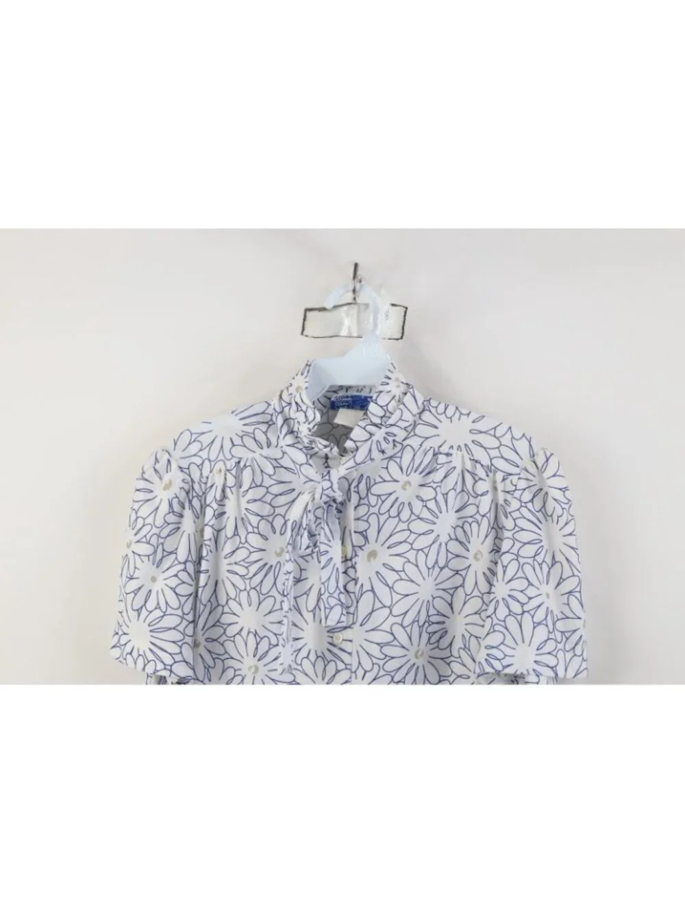 Vtg 70s Mid Century Modern MCM Womens L Flower Pussybow Knit Button Shirt USA